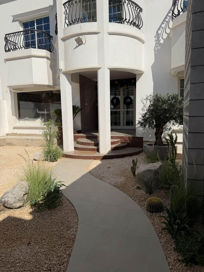 Villa front garden with gravel, paths and specimen olive tree in Dubai