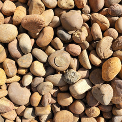 Mixed river pebbles in tan, beige, brown and grey