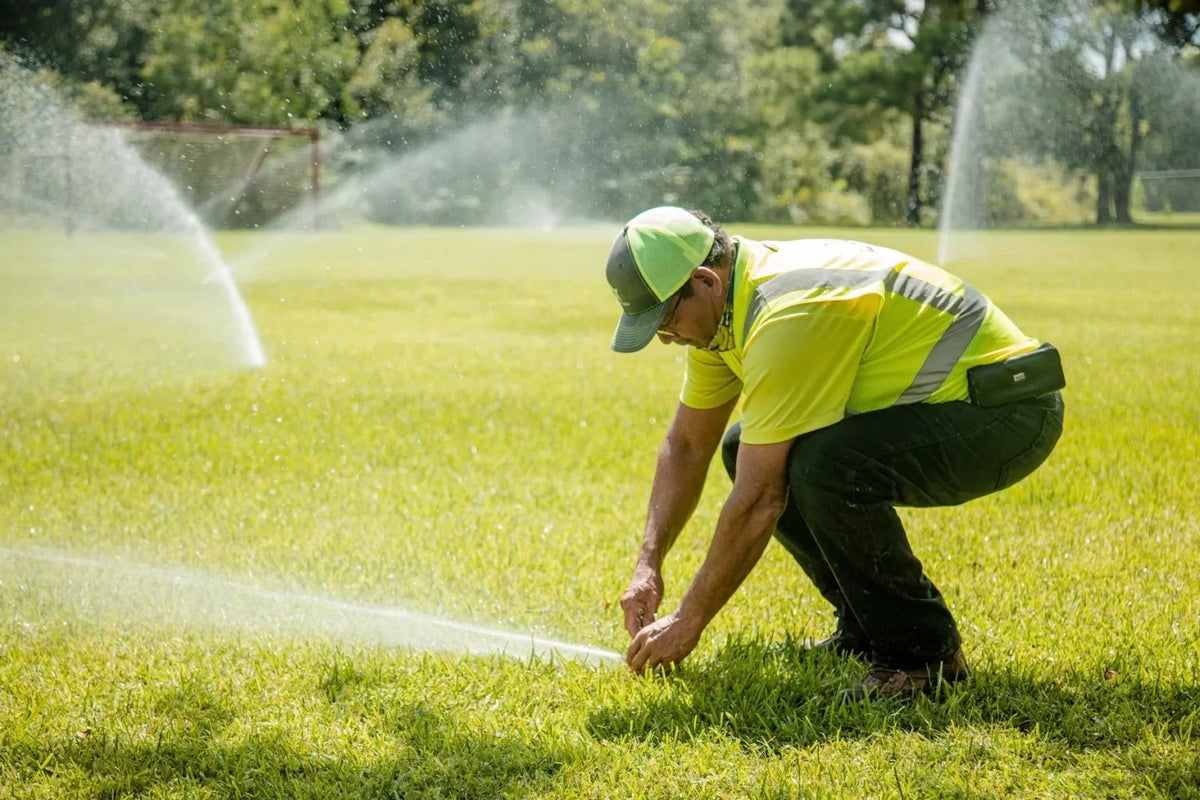 An irrigation system watering a planted area