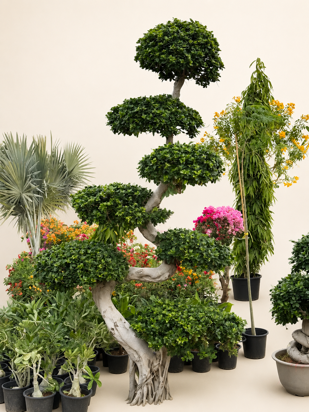 S-shaped ficus bonsai tree with dense green leaves in a black pot