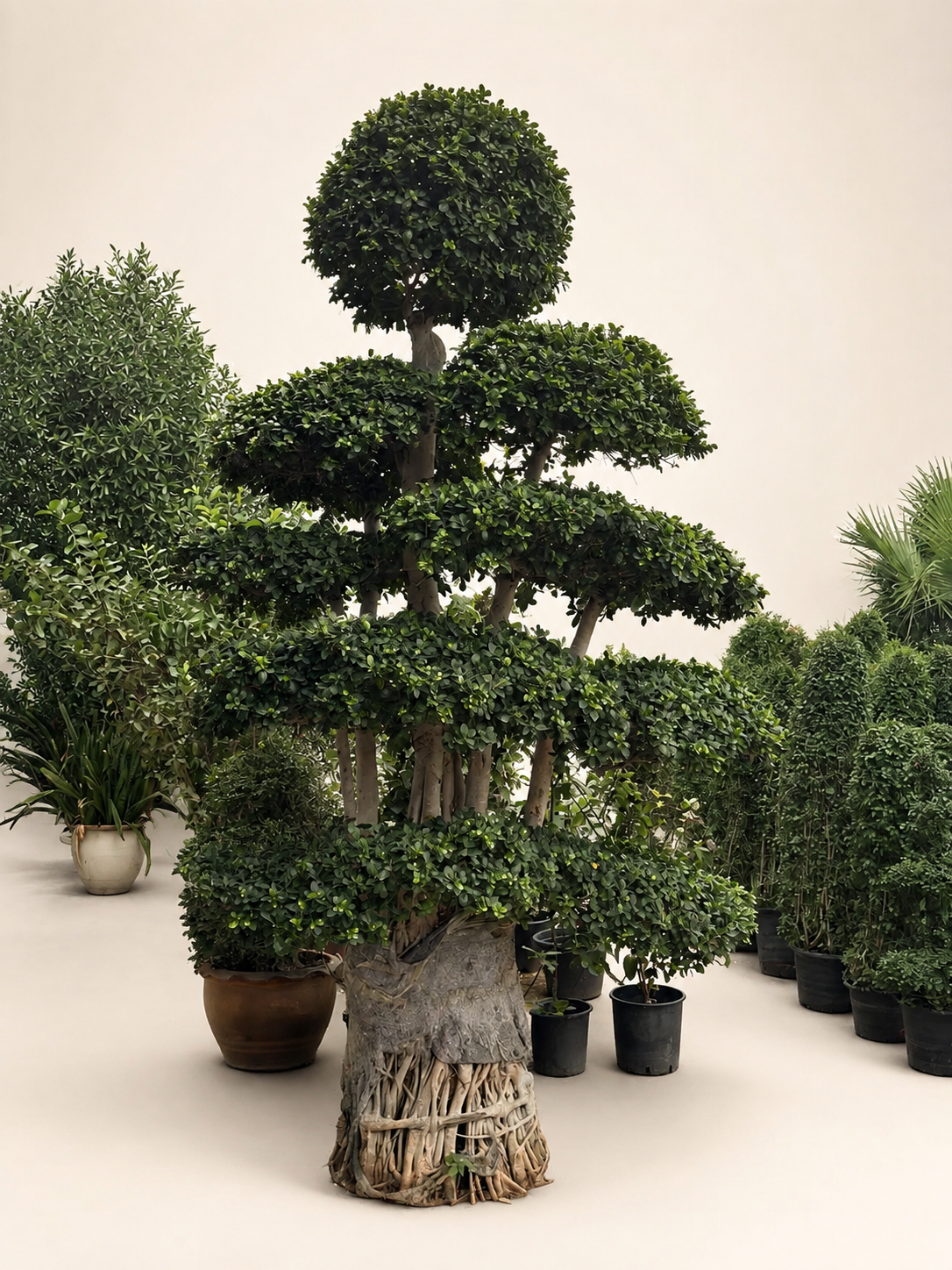 Giant ficus bonsai tree in terracotta pot with textured exposed roots