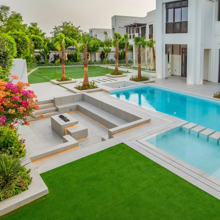 Modern house with a pool and outdoor seating area