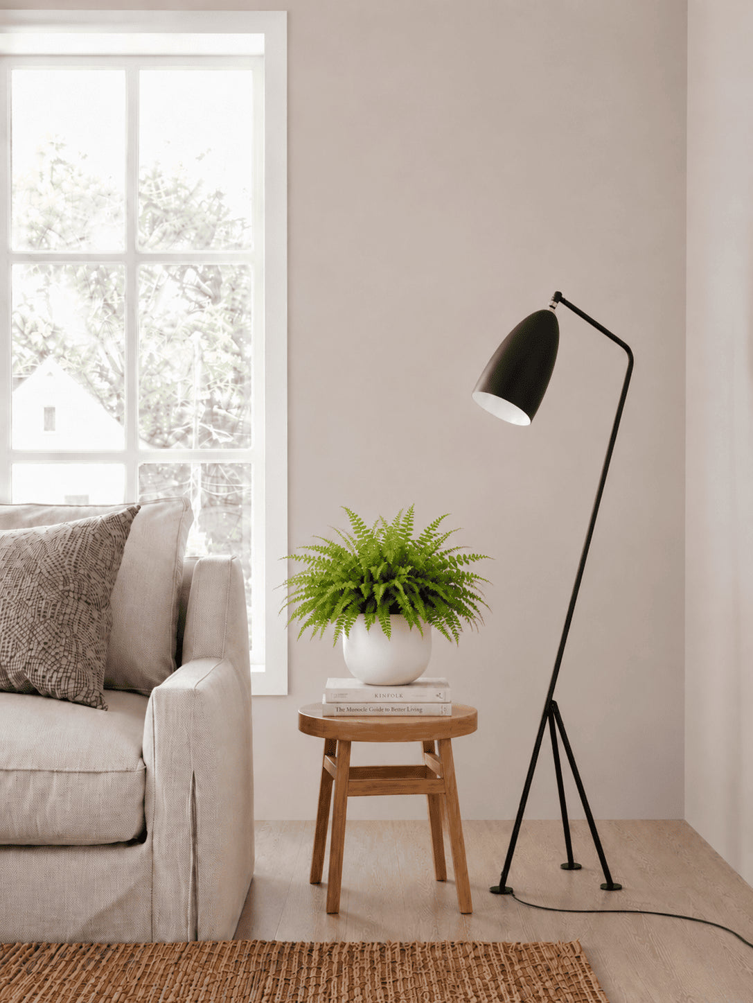 Boston fern in small white pot on round stool
