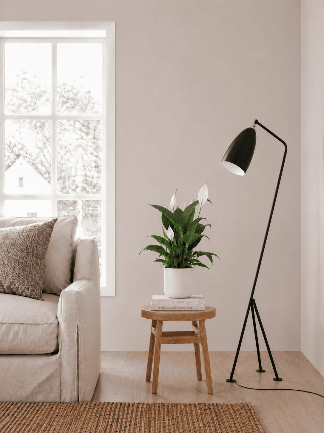 Peace lily plant in white pot on small wooden stand
