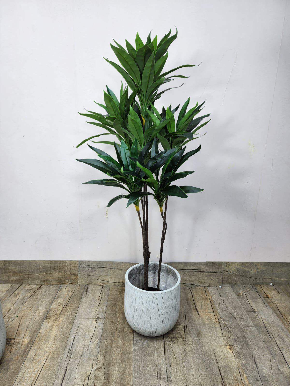 Artificial dracaena reflexa in white ceramic pot with green spiky leaves, tall stem