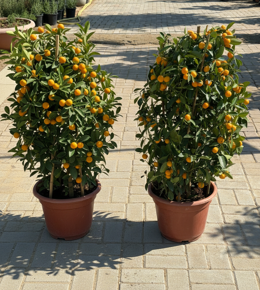 Pair of calamansi fruit trees in terracotta pots, green leaves with small orange fruits