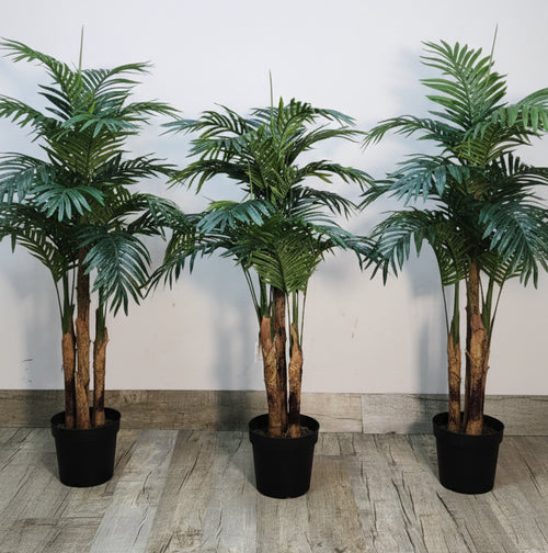 Artificial areca palm trio with three green frond trees in black pots