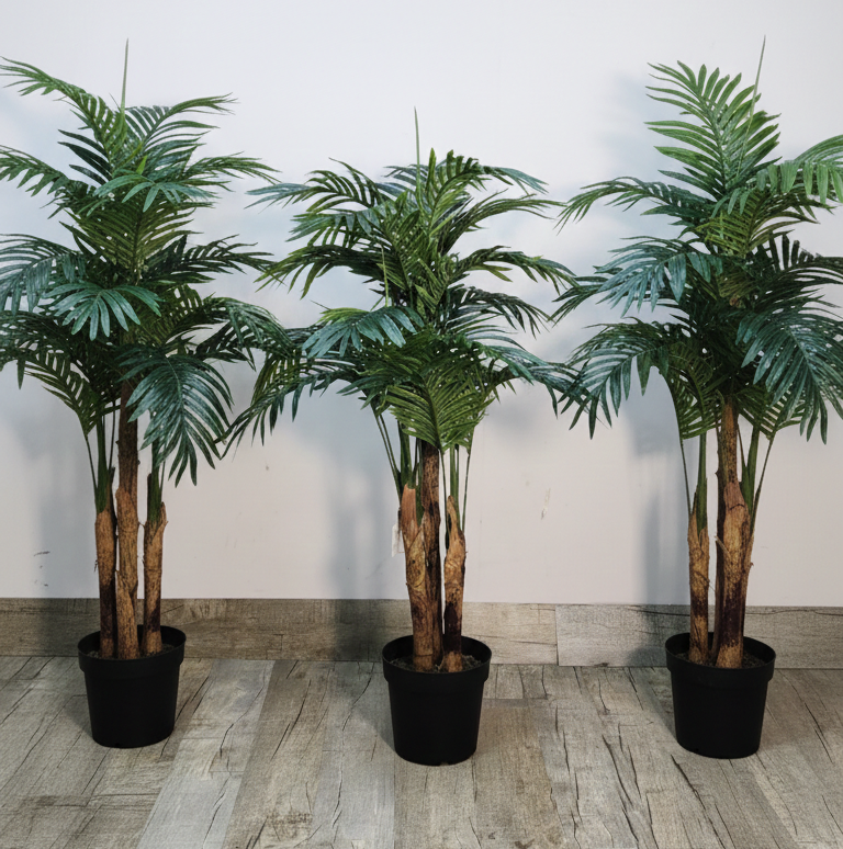 Artificial areca palm trio with three green frond trees in black pots