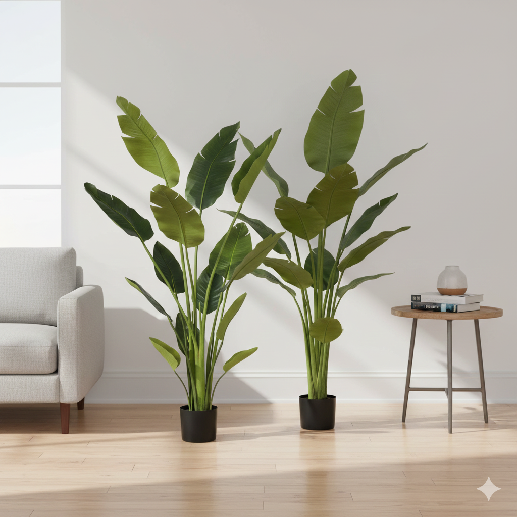 Two potted traveller palm-style plants with glossy green leaves in black pots
