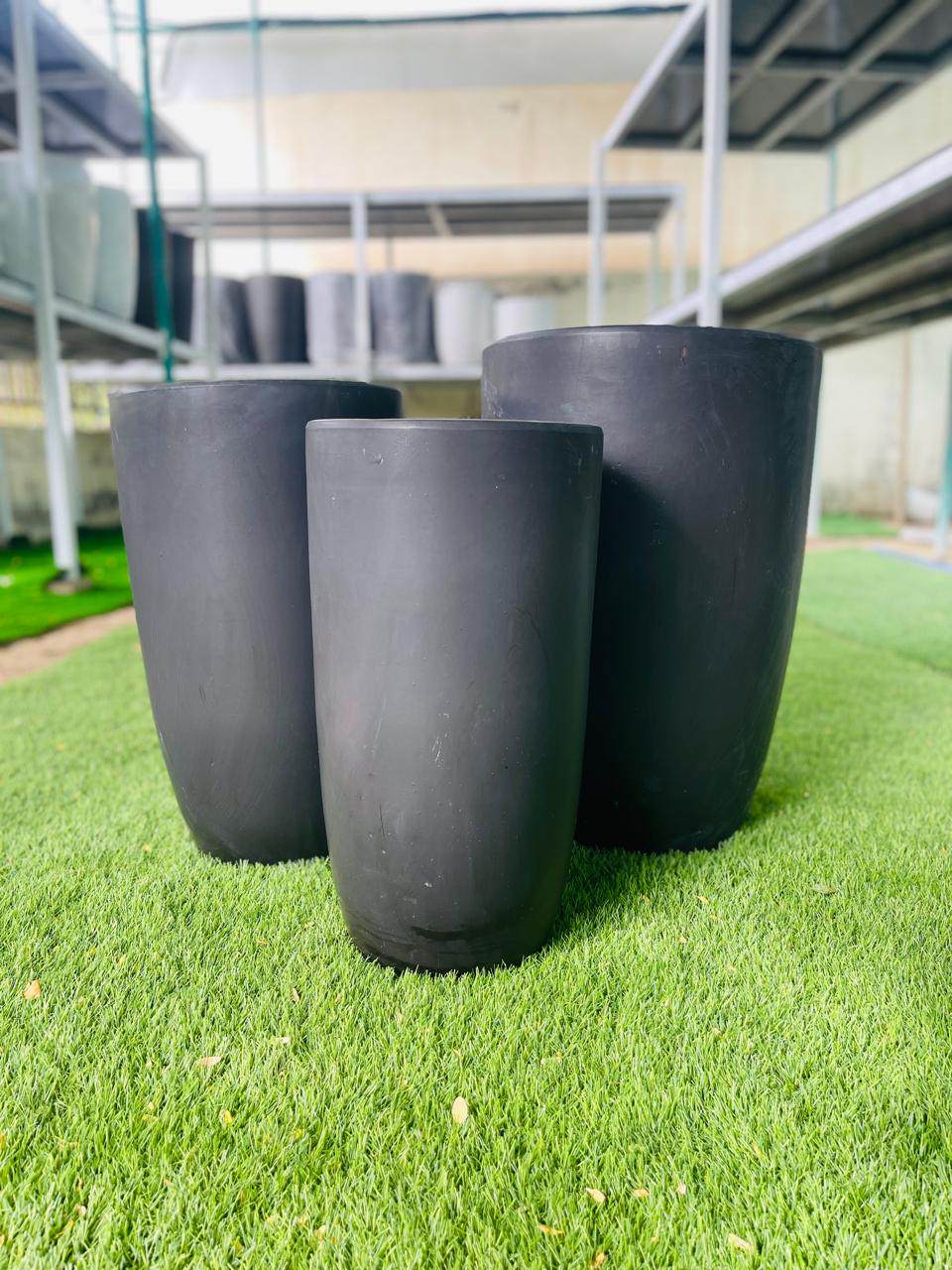 Ceramic tall pot set of three, dark matte black, tapered cylinder planters