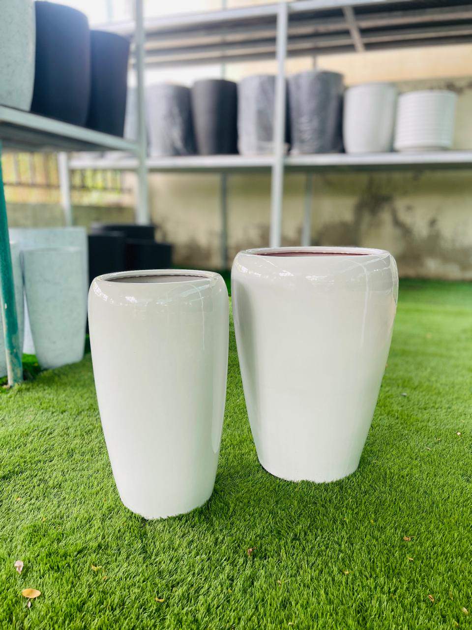 Glossy white ceramic tall pots, cylindrical shape, two-piece