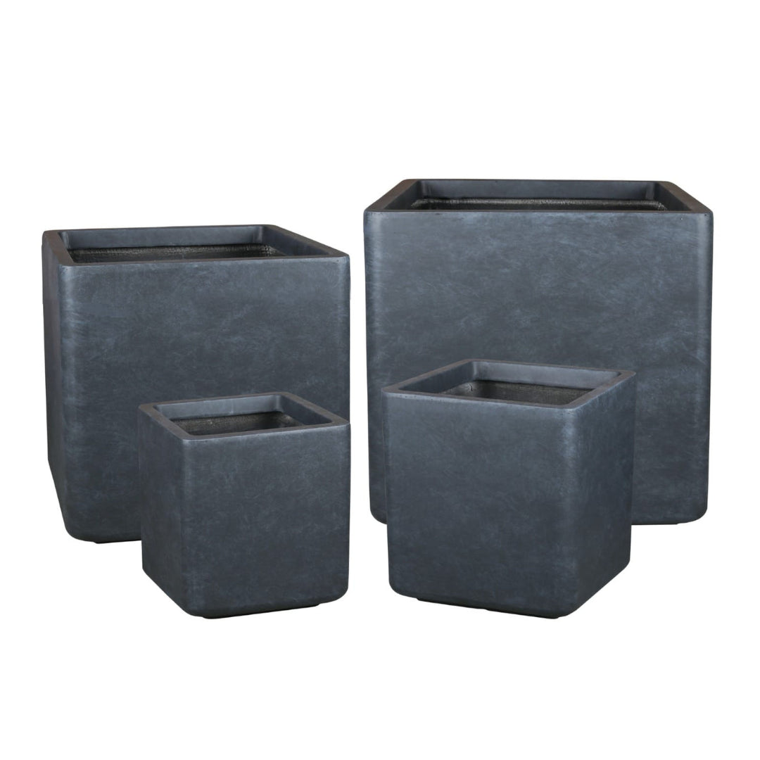 Set of dark box-shaped planters with square pots, including two large and one small