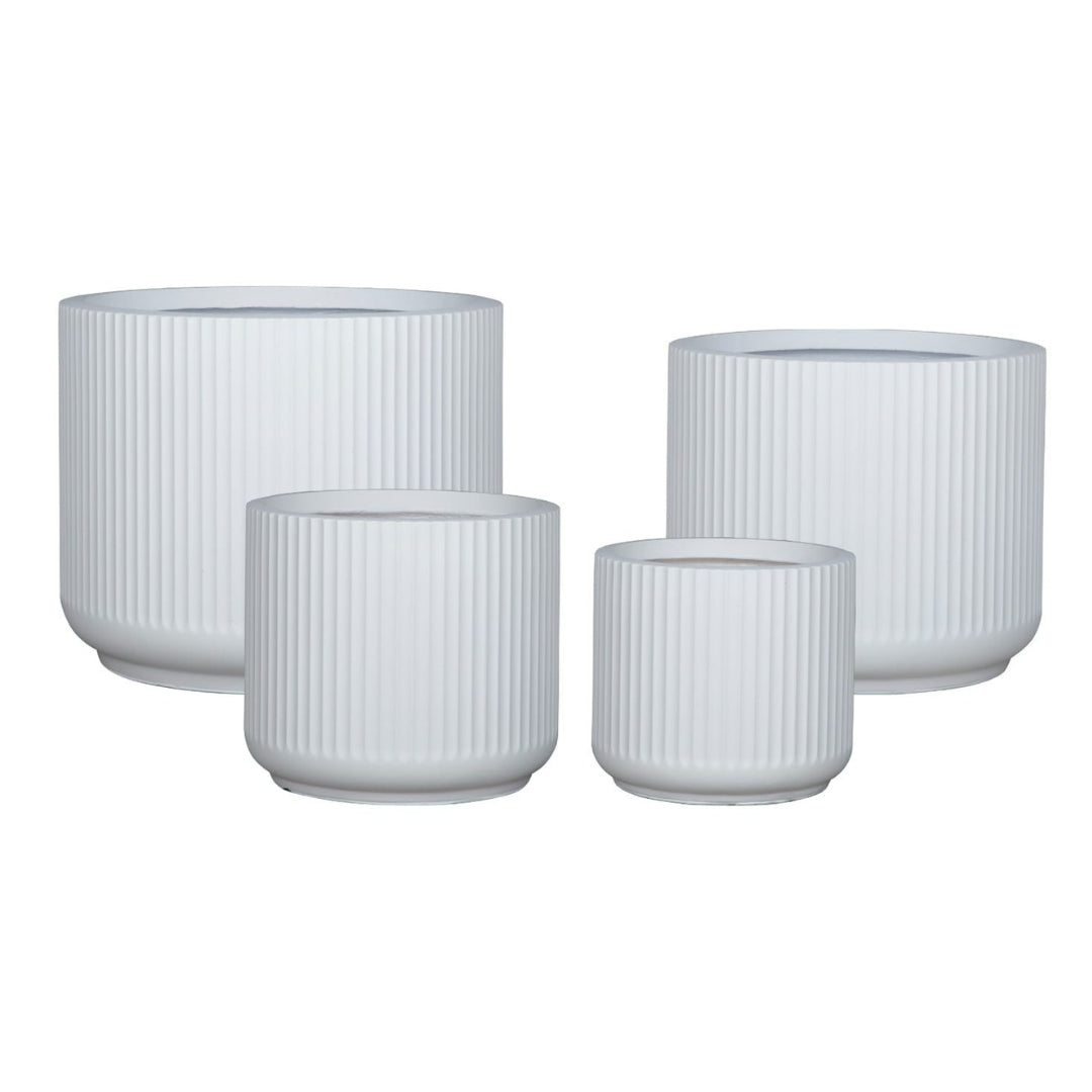 White ribbed round planter set, three heights