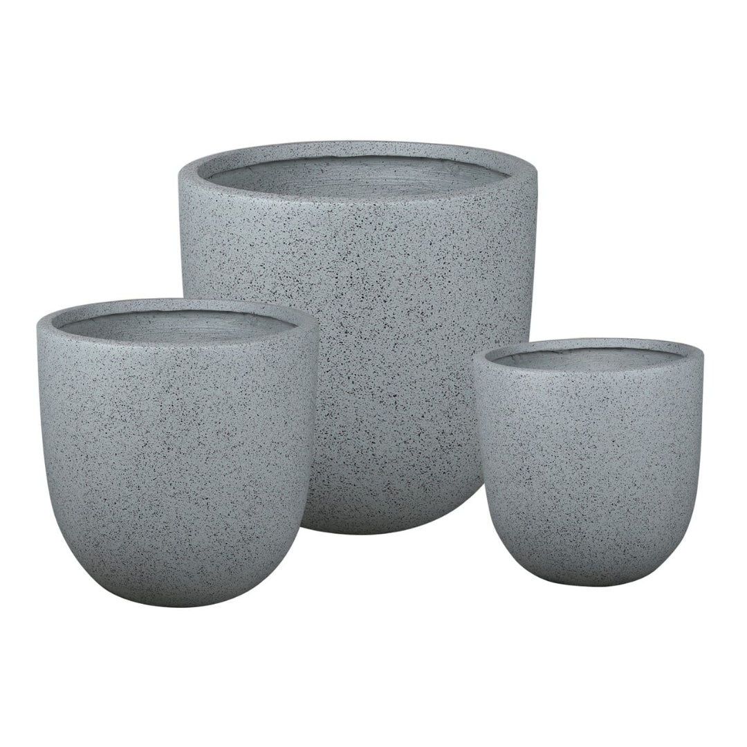 Grey round planters, textured concrete look, set of three pots with wide rims