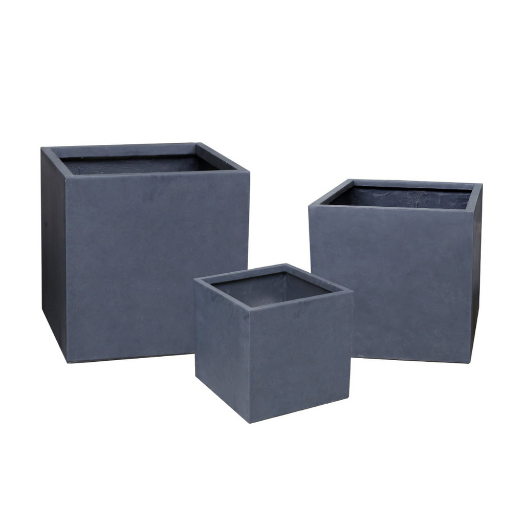Box-shaped coal planter set of three dark gray rectangular planters with open tops