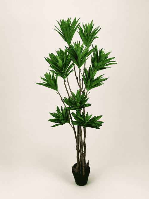 Artificial dracaena marginata tree with green spiky leaves in black pot
