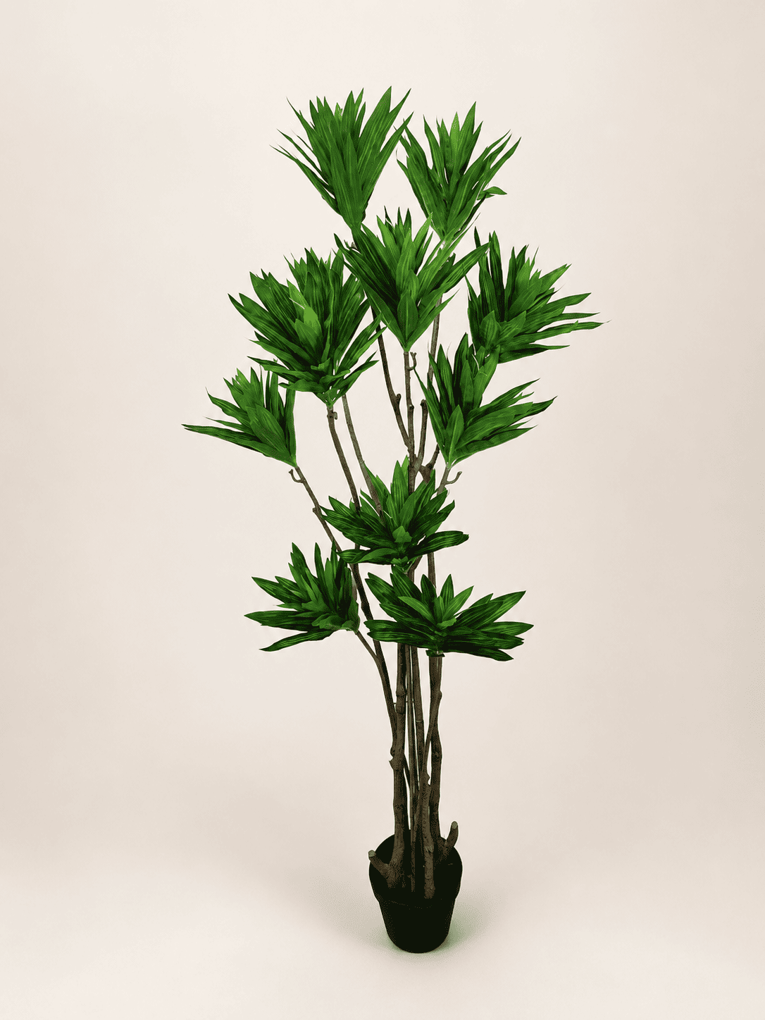 Artificial dracaena marginata tree with green spiky leaves in black pot