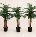 Artificial areca palm trio with green fronds and three slender trunks in black pots