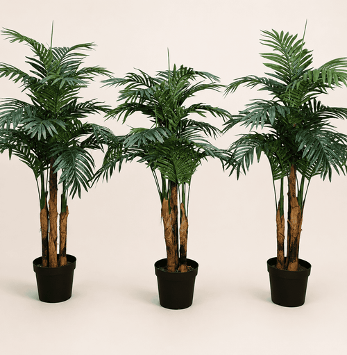 Artificial areca palm trio with green fronds and three slender trunks in black pots