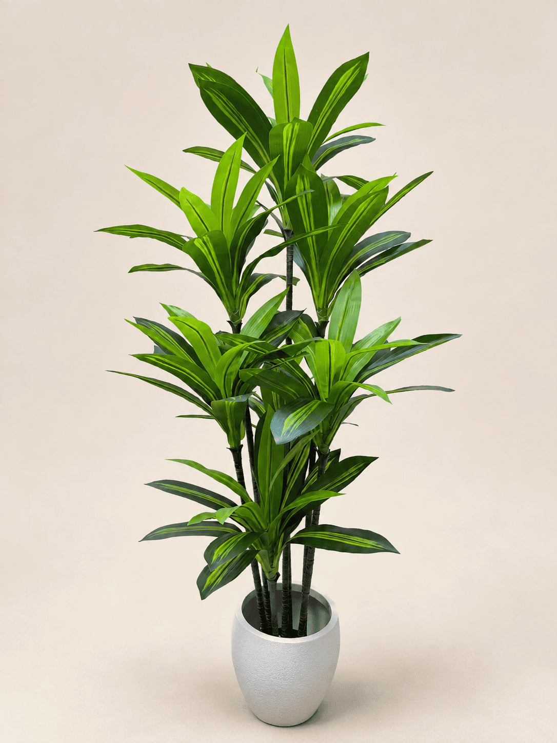 Artificial dracaena in light gray pot, tall stems with narrow green leaves