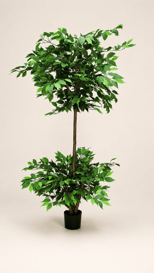 Artificial weeping fig tree with dense green leaves in black plastic pot