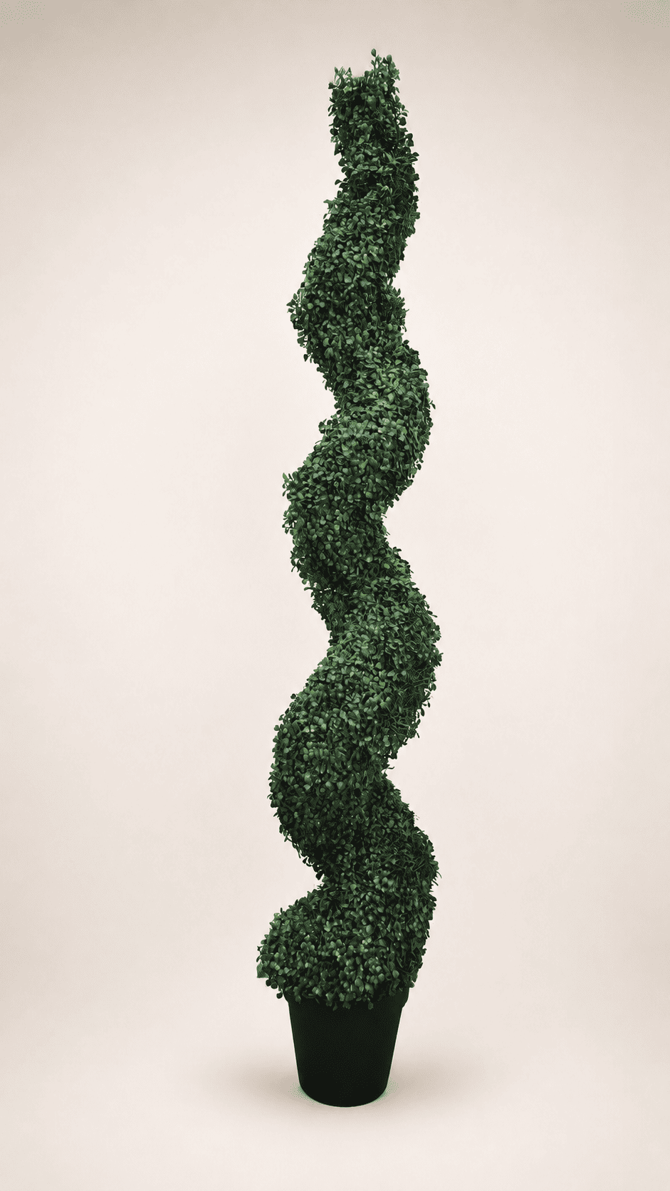 Artificial spiral Ficus tree with dense green leaves in dark pot