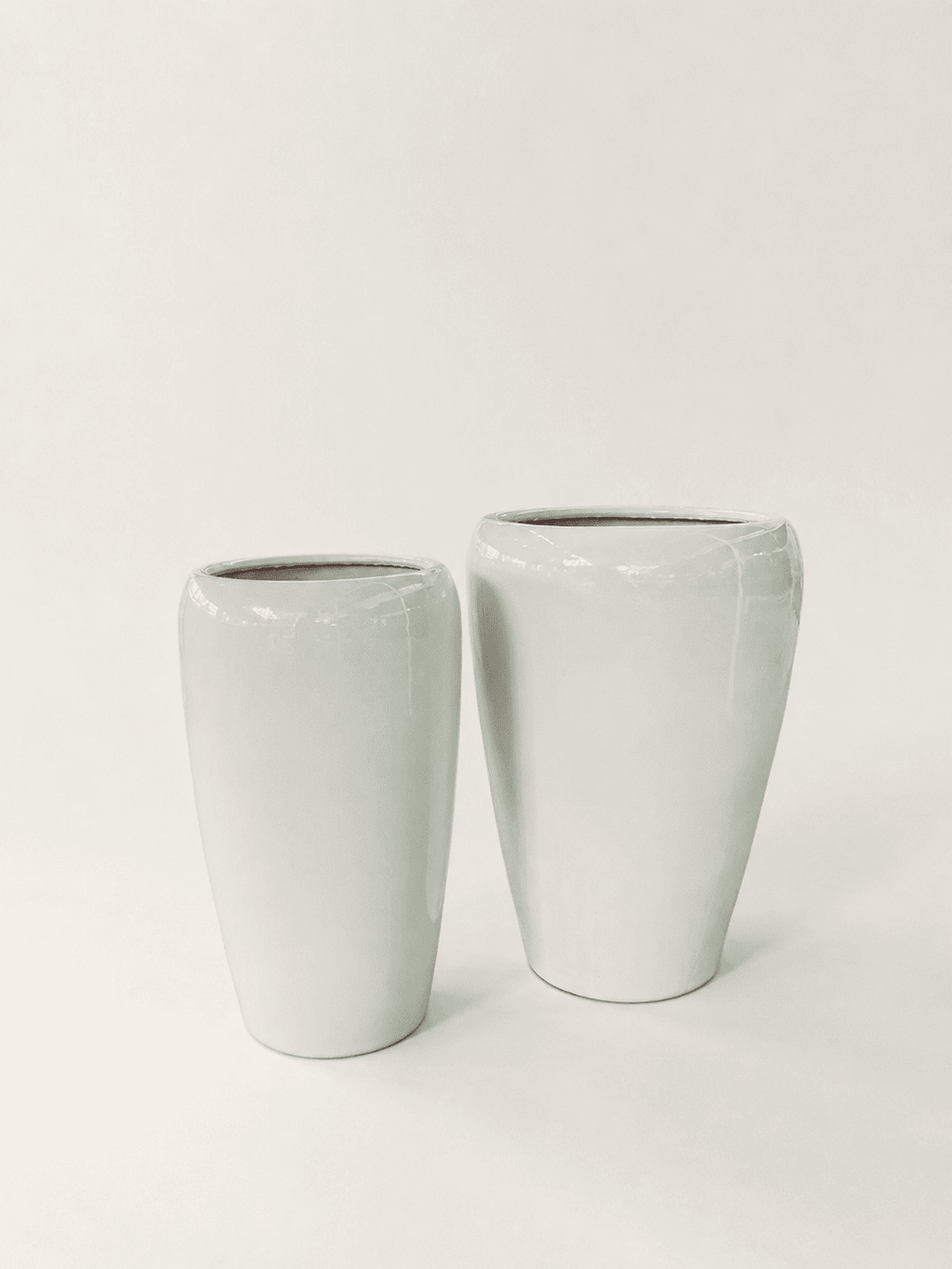 Glossy white ceramic tall pots, tapered cylinder shape, set of two