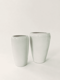Glossy white ceramic tall pots, tapered cylinder shape, set of two