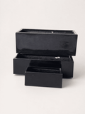Rectangular black fiberglass pot with open lid and inner tray