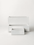 Rectangular long white fiberglass planter pot with smaller matching pot in front