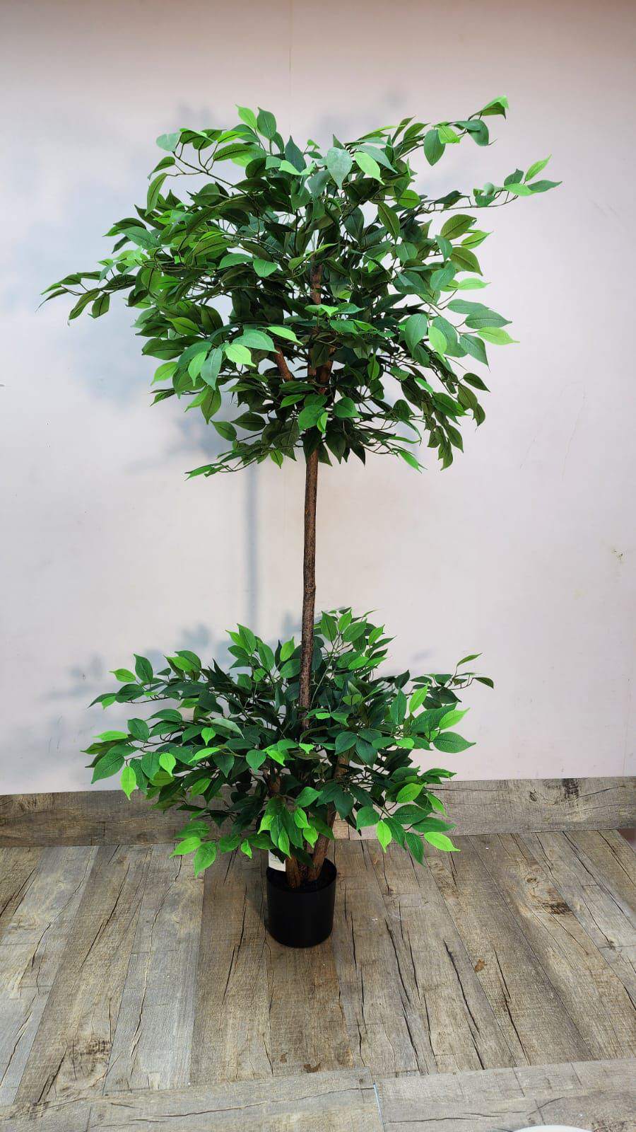 Artificial weeping fig tree with green leaves in black plastic pot