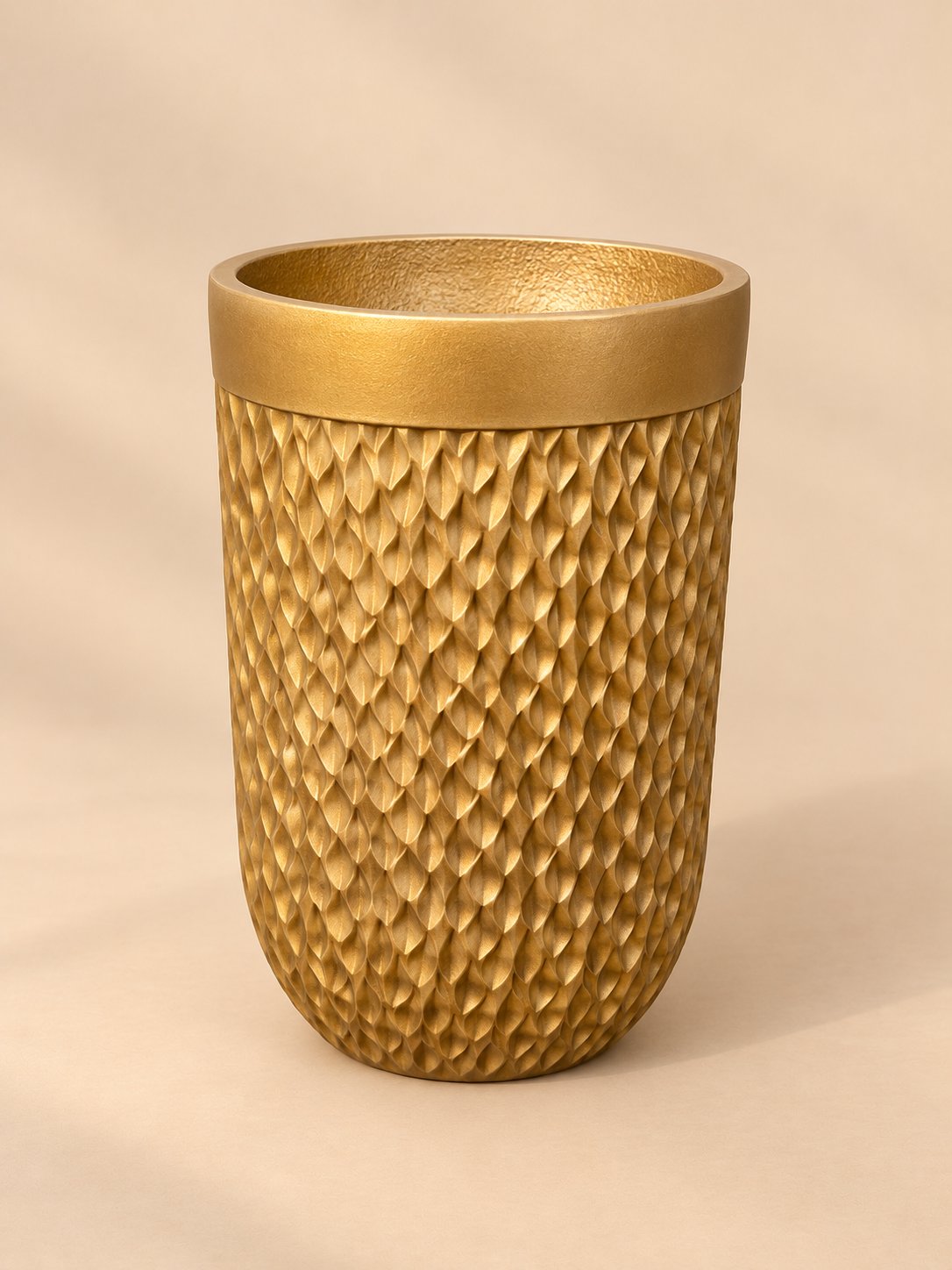 Gold Leaf Textured Planter with carved leaf pattern and gold rim