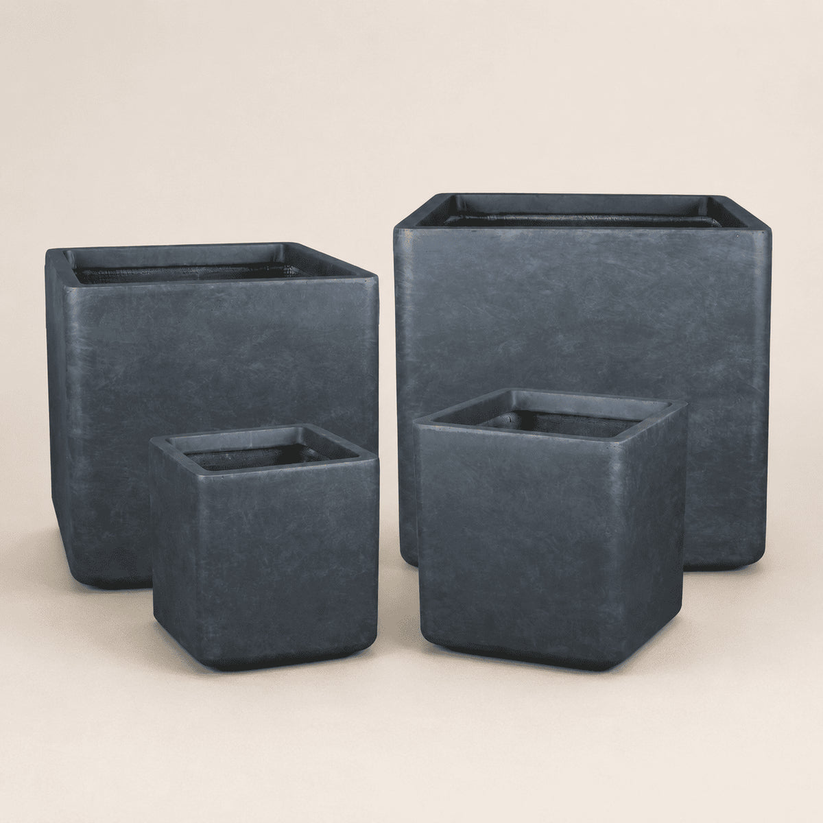 Square box planter set of dark gray metal-look planters with inner tray