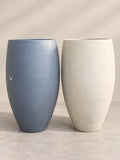 Tall Egg Planter in Slate Blue and Cream, fiberglass floor planters side by side
