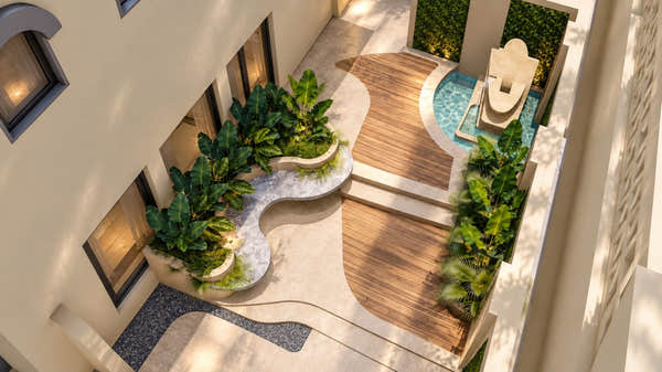 Courtyard with deck and water wall