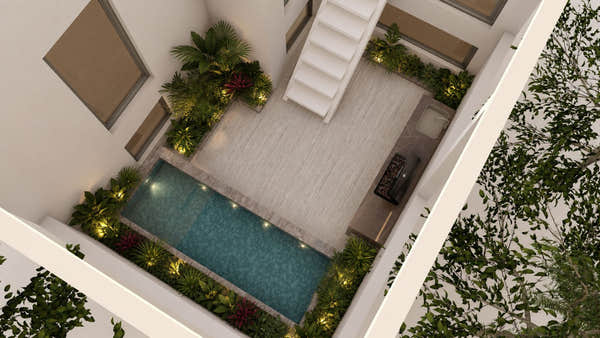 Lap pool and planted borders at night