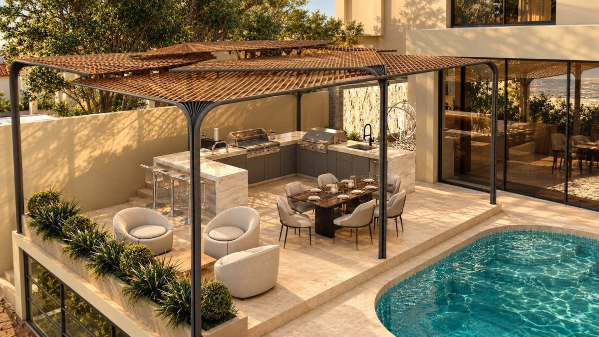 A MyPlants 3D design render of a shaded outdoor kitchen and dining terrace beside a pool in Dubai